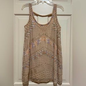 Adorable Peach Sleeveless Tunic Blouse, Lined w/ Beaded, Embroidered Overlay XS